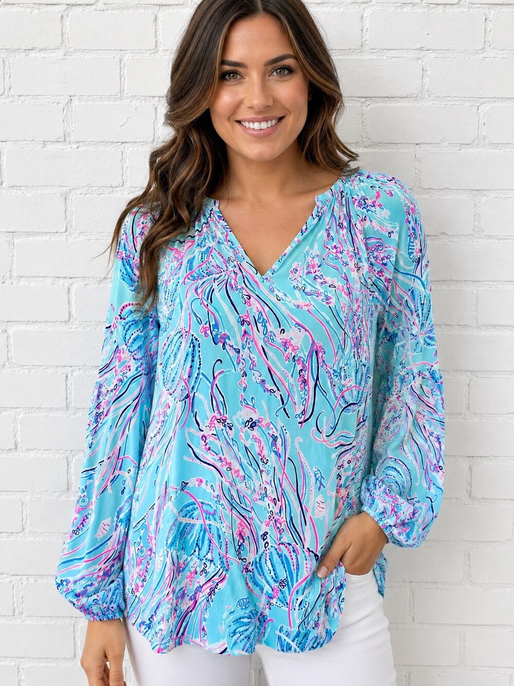 Lilly Pulitzer Womens Medium Aqua Pink Print Popover Peasant Blouse Long Sleeve